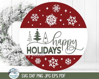 Joyeuses fêtes SVG, panneau joyeux Noël rond pour Cricut, décoration de ferme de vacances d'hiver, accroche-porte flocon de neige PNG, fichier coupé, JPG