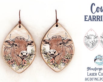 Cow Earring SVG File for Glowforge Laser Cutter, Farm Animal With Flowers Wood Earring Floral Cow Earring, Xtool Jewelry Cut File, AI, DXF