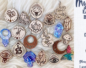 Huge Mystical Earrings Bundle, SVG File for Glowforge or Laser Cutter, Witchy Boho Crystal Earrings, Celestial Moon, Magical Mushroom AI DXF