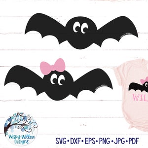 Lindo murciélago SVG para Cricut, murciélago niña con lazo, animal de Halloween para niño, camiseta de Halloween para niños PNG, imágenes prediseñadas de murciélago JPG, silueta de murciélago espeluznante