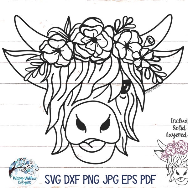 Highland Cow with Flowers SVG, Floral Highland Cow SVG, Cow with Floral Crown, Png, Floral Cow, Long Haired Cow, Vinyl Decal File for Cricut