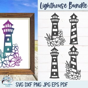 Floral Lighthouse SVG Bundle for Cricut, Summer Beach Designs, Pretty Nautical Ocean Light House with Flowers, Silhouette, Vinyl Decal Files