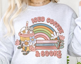 Iced Coffee And Books PNG, Retro Groovy Reading Sublimation, Boho Latte Printable JPG, Coffee and Book Lover Design, Trendy Bookish PNG