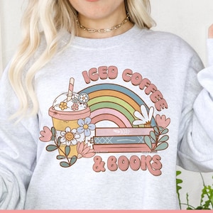 Iced Coffee And Books PNG, Retro Groovy Reading Sublimation, Boho Latte Printable JPG, Coffee and Book Lover Design, Trendy Bookish PNG