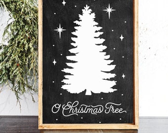 O Christmas Tree SVG for Cricut, Farmhouse Winter Sig, Vintage Holiday, Pine Tree Silhouette with Stars, Vinyl Decal Cut File for Silhouette