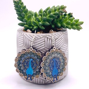 May include: Two versions of laser cut wooden peacock earrings with a blue peacock design on a mandala background. The earrings are shown on a small succulent plant in a gray pot. The text "Glowforge Tested Laser Cut File SVG DXF PNG JPG EPS PDF AI" is also included in the image.