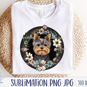 Yorkie Dog Sublimation Png, Yorkshire Terrier Dog with Flowers, Floral Dog Cartoon Drawing JPG, Cute Puppy Face Clip Art, Dog Gift