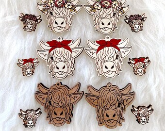 Highland Cow Earring Bundle, File for Glowforge or Laser Cutter, Farm Animal Earrings, Stud Wood Earring SVG File, Cow Face Dangle Earrings