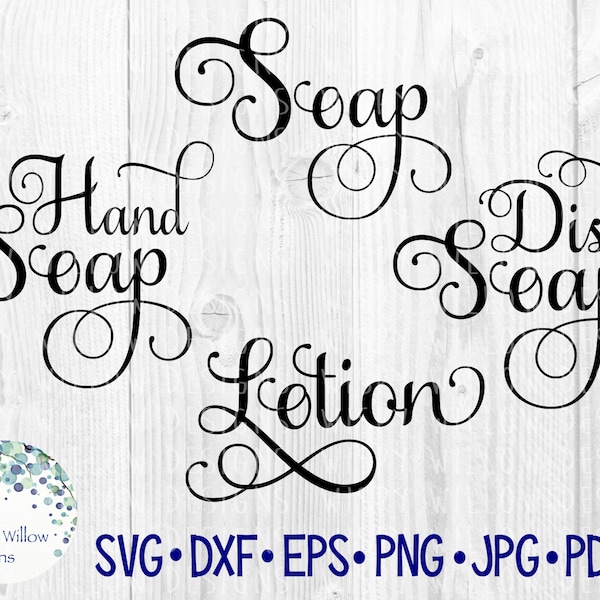 Zeep en Lotion Label Bundel SVG Voor Cricut, Afwasmiddel, Handzeep, Lotion, Elegant Flourish Vinyl Decal Cut File Bundel voor Badkamer Keuken