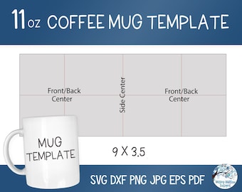 Puede incluir: Una plantilla para una taza de café de 11 onzas, que muestra las vistas frontal, posterior y lateral. La plantilla está dividida en secciones para diferentes elementos de diseño. El texto "MUG TEMPLATE" está impreso en una taza blanca.