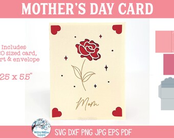 Mother's Day Card SVG for Cricut, Rose Flower Mom Card, Papercut R20 Card and Envelope, Cardstock Insert Greeting Card, Flowers for Mom Gift