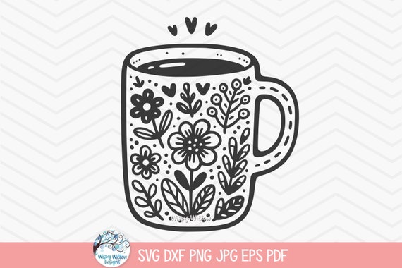 Floral Coffee Cup SVG for Cricut, Boho Wildflower Doodle Coffee Mug, Flower Barista Shirt Design PNG, Botanical Latte Cut File, Tea Mug JPG