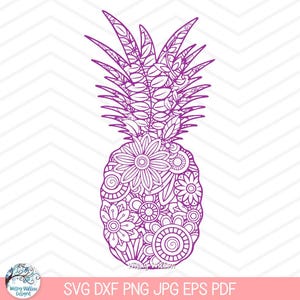 Puede incluir: Un dibujo de línea púrpura de una piña con un diseño detallado e intrincado. La piña está llena de patrones florales y geométricos.