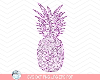 Pineapple Mandala SVG for Cricut, Pineapple with Flowers, Floral Tropical Fruit Zentangle, Pretty Intricate Pineapples, Vinyl Decal Cut File