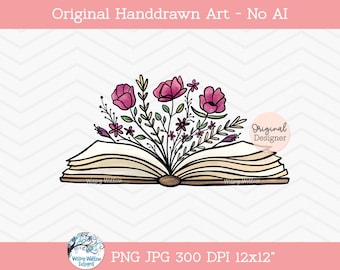 Floral Book Sublimation PNG, Book with Flowers Sublimation PNG, Book PNG, Pretty Book, Vintage Book, Floral Book, Reading, Read, Printable