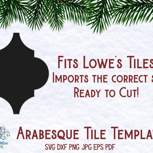 May include: A black arabesque tile template that fits Lowe's tiles. The template is ready to cut and includes the text "FITS LOWE'S TILES IMPORTS THE CORRECT SIZE READY TO CUT! ARABESQUE TILE TEMPLATE SVG DXF PNG JPG EPS PDF".