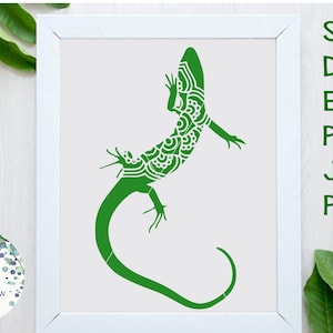 May include: A green lizard design with intricate patterns on its back, displayed in a white frame. The image includes file type options: SVG, DXF, EPS, PNG, JPG, and PDF. The Wispy Willow Designs logo is in the lower left corner.