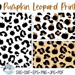 May include: Three seamless patterns featuring a black pumpkin silhouette on a white background with brown leopard spots. The patterns are arranged in a grid with the top pattern having white leopard spots, the middle pattern having white leopard spots, and the bottom pattern having brown leopard spots.
