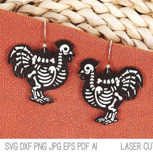 Fichier SVG boucle d'oreille squelette poulet pour découpeuse au laser, bijoux d'Halloween coq pour Glowforge, Xtool, conception drôle de boucle d'oreille d'animaux de ferme d'automne