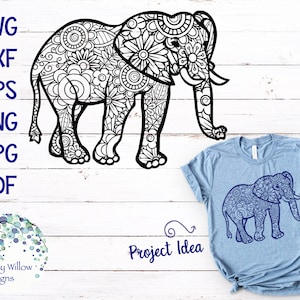 Olifant Zentangle SVG, DXF, pdf, png, jpeg, Digitale download, olifant SVG, bloemen, ingewikkeld, zentangles, gesneden bestand, dier, vinyl, mandala