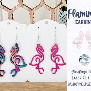 May include: Two pairs of flamingo-shaped earrings on white display cards. One pair features a multi-colored abstract pattern, while the other is solid hot pink. The text Flamingo EARRINGS, Glowforge Tested LASER CUT FILE, SVG DXF PNG JPG EPS PDF AI is visible.