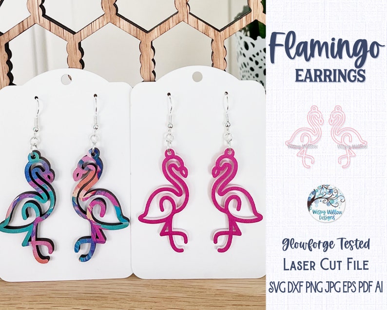 May include: Two pairs of flamingo-shaped earrings on white display cards. One pair features a multi-colored abstract pattern, while the other is solid hot pink. The text Flamingo EARRINGS, Glowforge Tested LASER CUT FILE, SVG DXF PNG JPG EPS PDF AI is visible.