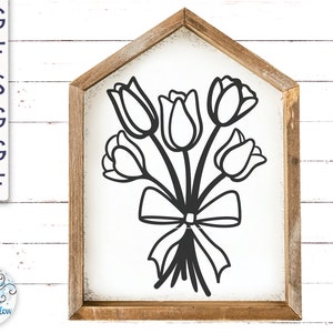 Fleurs de tulipes avec ruban Svg, tulipes Svg, fleurs de printemps, Pâques, composition florale tulipe, contour de fleur, bouquet de tulipes, fichier décalcomanie en vinyle