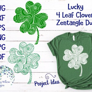 Lucky Four Leaf Clover Zentangle Duo Bundle SVG, DXF, png, jpg, pdf, Saint Patrick&#39;s Day, St. Patty&#39;s Day, Irish, Waves, Lucky Charm, Svg