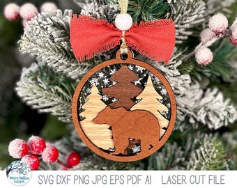 Archivo SVG de adorno navideño de oso para cortadora láser, adorno redondo navideño de invierno con capas de bosque, animal en el bosque, Glowforge, xTool