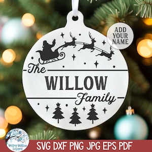 Christmas Ornament SVG for Cricut, Personalized Family Name Ornament, Santa Claus Round Farmhouse Sign, Winter Vinyl Cut File Download PNG