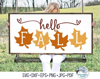 Hello Fall SVG for Cricut, Hello Fall Sign with Leaves, Fall Front Door Hanger Sign, Thanksgiving, Halloween, Vinyl Decal File Download