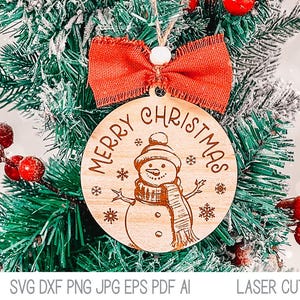 Merry Christmas Snowman, Snowflake Christmas Tree Ornament SVG File for Laser Cutter, Winter Holiday Gift Design, Glowforge, Xtool