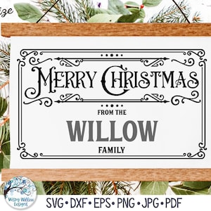 Vrolijk kerstfeest van de familie SVG voor Cricut, gepersonaliseerde naam Retro kerstbord, elegant Victoriaans vakantiedecor, vinylstickerbestand