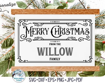 Merry Christmas From The Family SVG for Cricut, Personalized Name Retro Christmas Sign, Elegant Victorian Holiday Decor, Vinyl Decal File