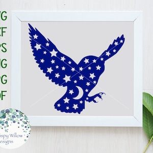 Owl SVG, Flying Owl with Moon and Stars SVG for Cricut, Celestial Bird Silhouette Clipart PNG, Magical Owl Svg, Vinyl Decal Cut File