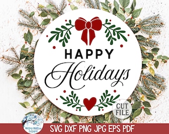 Joyeuses fêtes SVG pour Cricut, signe d'accroche-porte rond hiver, guirlande de Noël avec noeud PNG, fichier sticker vinyle à télécharger