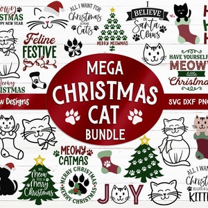 Méga chat de Noël SVG Bundle, SVG drôles de chat de Noël, animal de Noël, animaux de compagnie de Noël, chat avec bonnet de Noel, fichiers vinyle autocollant pour Cricut