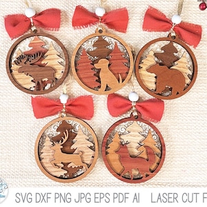 Lot de fichiers SVG décoration de Noël animaux de la forêt, découpeuse au laser, couches de renne, élan, wapiti, ours, chien, renard, Glowforge de vacances, xTool, DXF