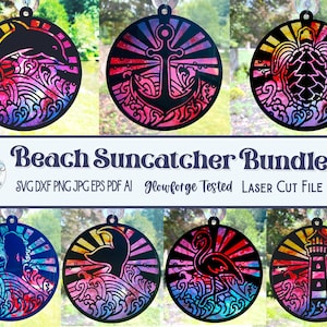 May include: A set of 7 colorful beach-themed suncatcher designs. Each design features a different beach element, such as a dolphin, anchor, turtle, mermaid, flamingo, and lighthouse. The designs are laser cut and ready to be assembled.