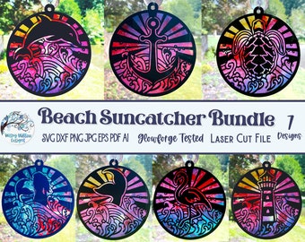 Pacchetto Beach Suncatcher per Glowforge o Laser Cutter SVG, Ornamenti estivi, Animali nautici con onde, Sirena, Tartaruga, Ancora, AI, Dxf