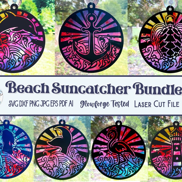 Beach Suncatcher Bundle for Glowforge or Laser Cutter SVG, Summer Ornaments, Nautical Animals with Waves, Mermaid, Turtle, Anchor, AI, Dxf