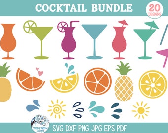 Cocktail SVG-bundel voor Cricut, zomerdrankglas silhouet PNG, strandvakantie, tropisch fruit, Martini, alcohol, ananas, Pina Colada