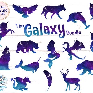 May include: A digital collection titled The Galaxy Bundle featuring silhouettes of animals and mythical creatures including a unicorn, wolf, bear, dragon, mermaid, owl, dolphin, narwhal, and deer, all filled with a purple and blue galaxy pattern.