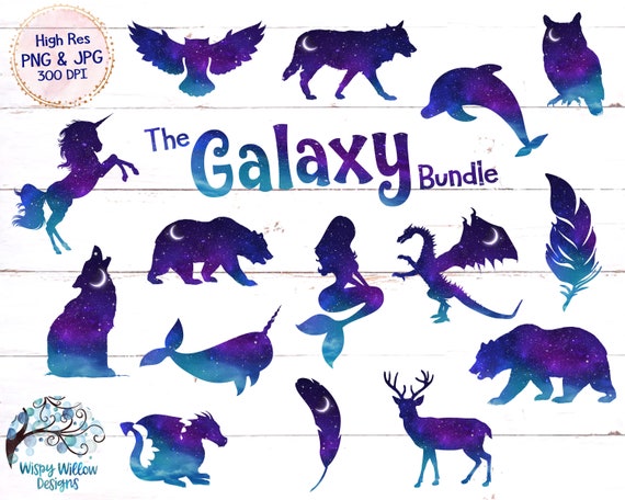 Space Galaxy Clipart PNG JPG Files, Sublimation Printable, Night Sky Celestial Animal, Unicorn, Dragon, Mermaid, Bear, Moon, Wolf, Owl