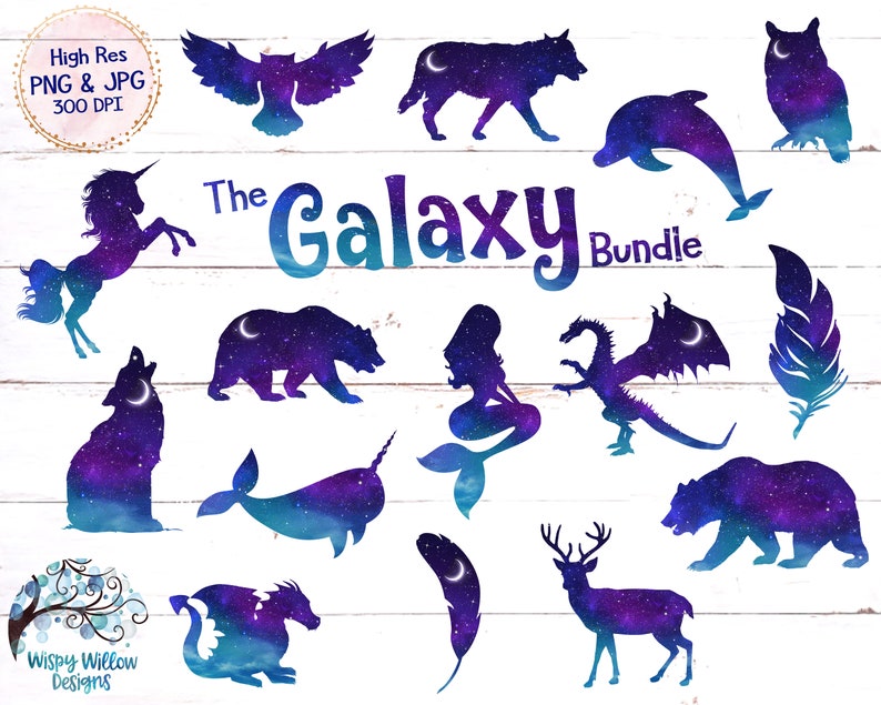 May include: A digital collection titled The Galaxy Bundle featuring silhouettes of animals and mythical creatures including a unicorn, wolf, bear, dragon, mermaid, owl, dolphin, narwhal, and deer, all filled with a purple and blue galaxy pattern.