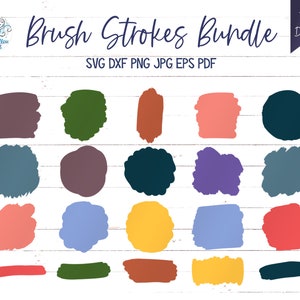 May include: A set of 20 brush stroke designs in various colors, including red, blue, green, yellow, and brown. The designs are in SVG, DXF, PNG, JPG, EPS, and PDF formats.