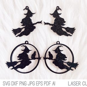 May include: Four black glittery acrylic charms featuring witch silhouettes. Two charms depict a witch flying on a broomstick, while the other two show a witch on a broomstick with a cat inside a circular frame. Text reads: SVG DXF PNG JPG EPS PDF AI LASER CUT FILE.