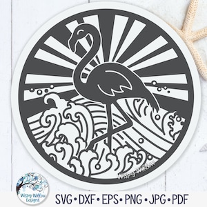 Flamingo SVG, animale da spiaggia, onde dell'oceano e sole, cartello da spiaggia, nautico Png, cerchio estivo Png, uccello all'oceano Dxf, file di decalcomanie in vinile per Cricut