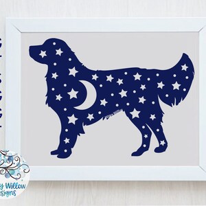 Golden retriever hond met maan en sterren SVG, hond met sterren, hond ster stickerbestand, hond nachtelijke hemel SVG, hond stickerbestand, golden retriever SVG