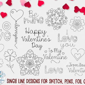 Eén regel ontwerp Valentijnsdag SVG-bundel, folieganzenveer, schets, tekenen, Glowforge-score, ik hou van jou SVG, Happy Valentine's Day, bloemen Svg